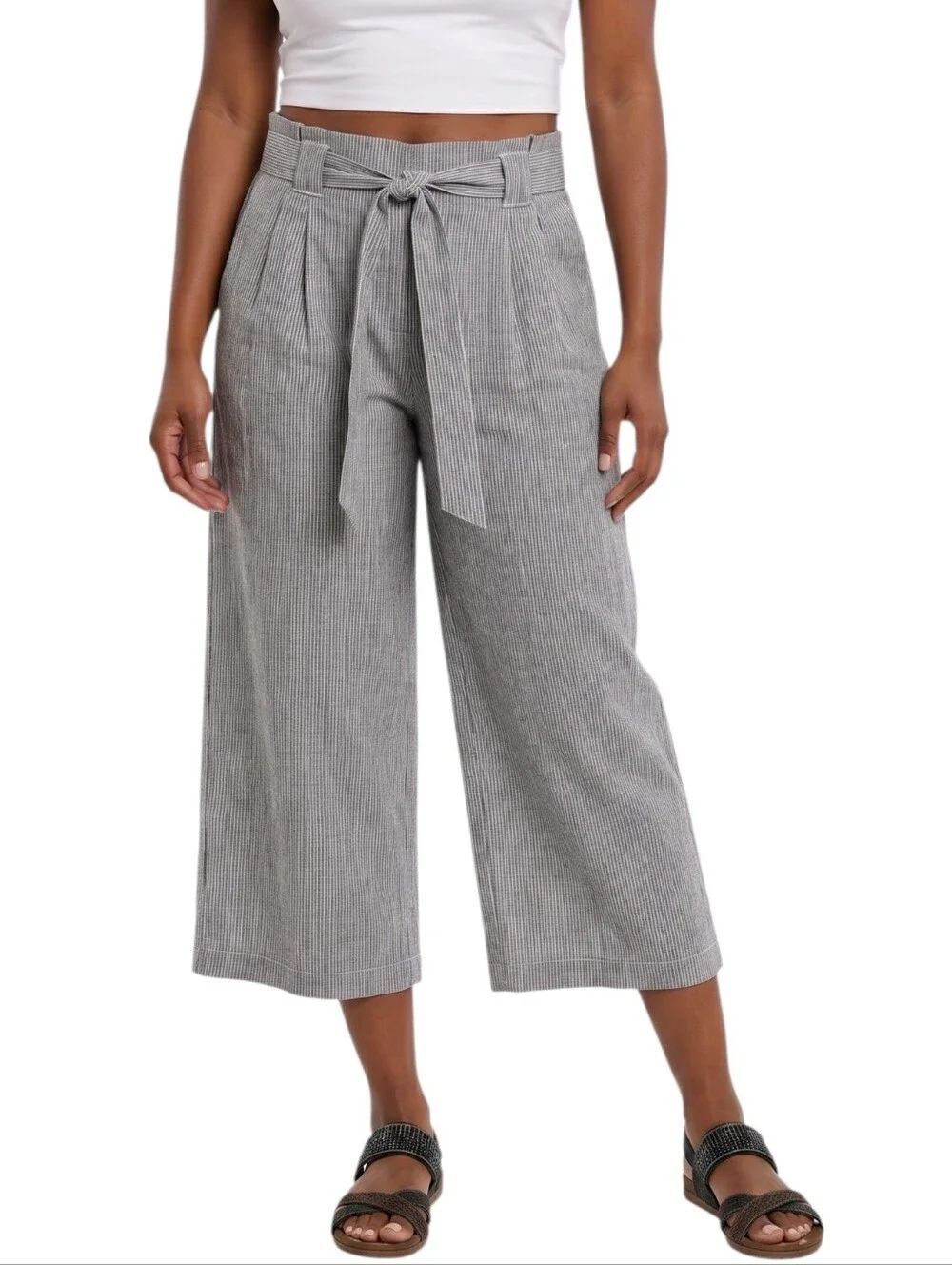 Max Studio Gray Striped Linen Blend Paperbag Waist Wide-Leg Belted Pants Size L